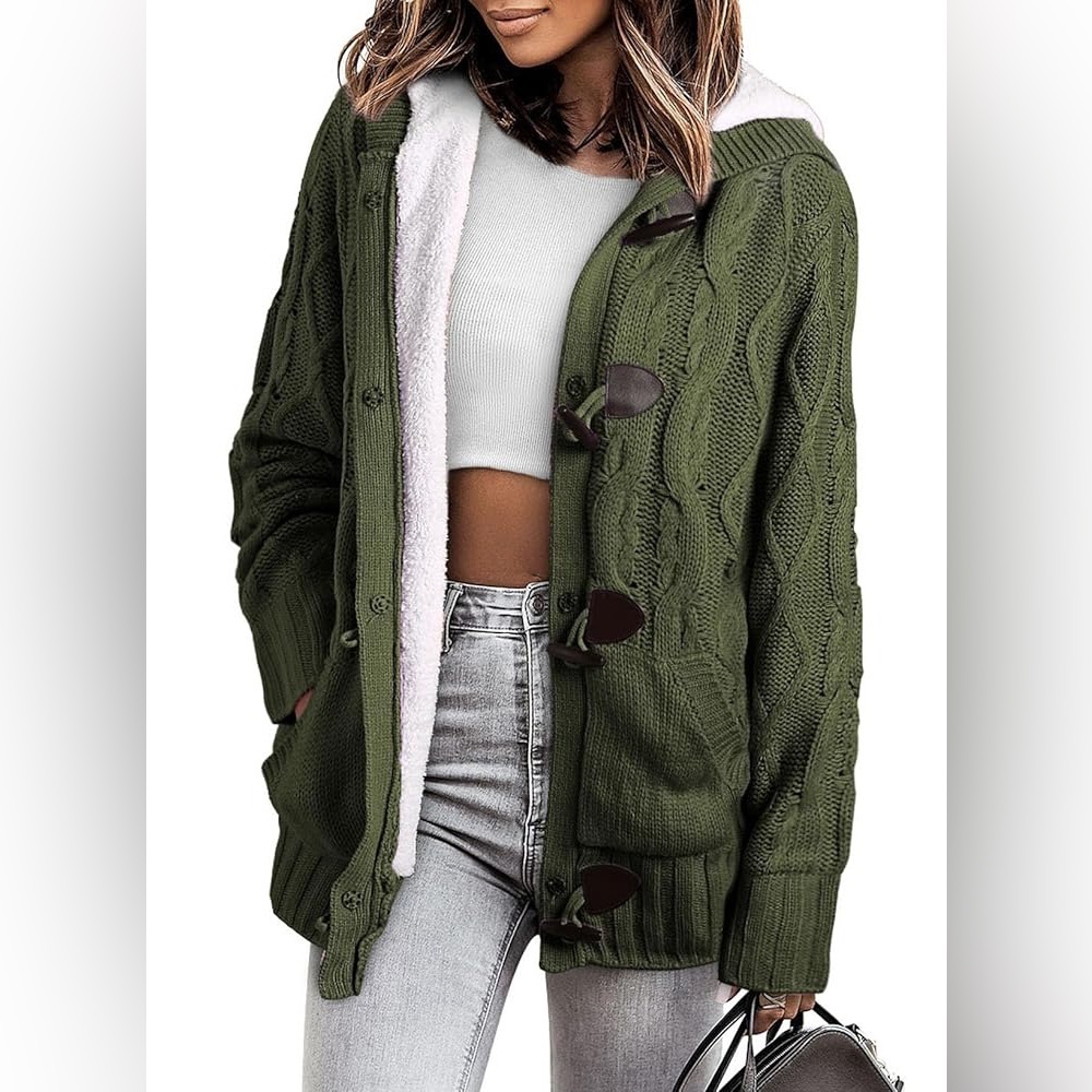 Sidefeel Hooded Cable Knit Cardigan Sherpa Lined Toggle Coat Green Size Large - Picture 2 of 14